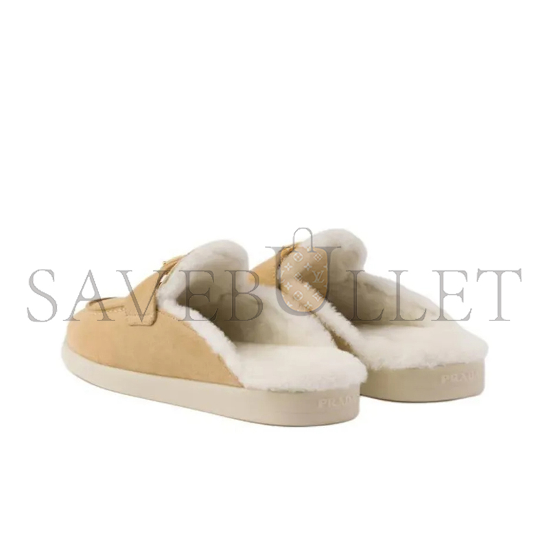 PRADA SUEDE AND SHEARLING MULES 1D270N